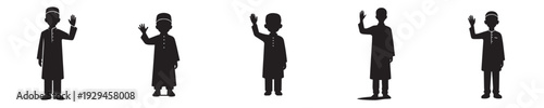 vector silhouette of a muslim little boy standing waving hand
