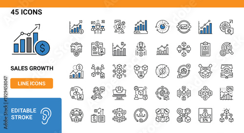 Set of 45 professional line icons for sales growth business analytics financial data and corporate strategy development vector