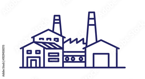 Industrial Factory Building with Chimneys and Manufacturing Elements.