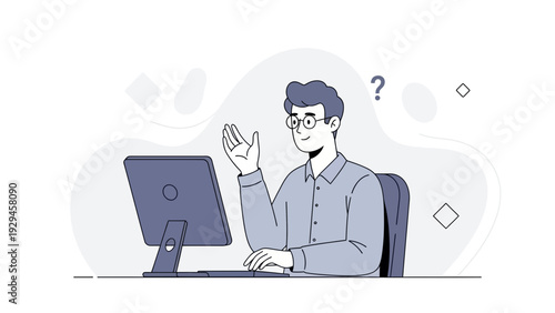 Man with glasses confused by computer, question mark symbol, work from home illustration