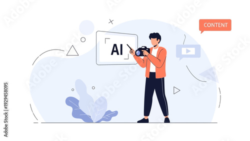 Man with camera creates AI content on screen, digital media production concept