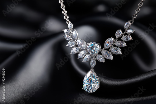 Luxury diamond necklace elegantly displayed on black silk fabric with soft dramatic lighting,  detailed gemstone reflections, premium jewelry advertising aesthetic
