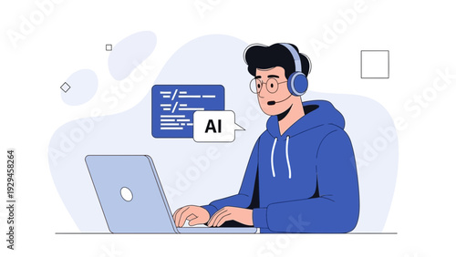 Man with headset coding on laptop, AI technology concept, illustration