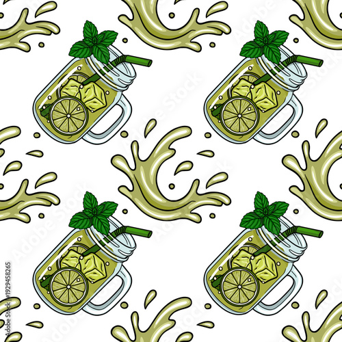 Refreshing lime and mint lemonade vector pattern with splashes and ice cubes