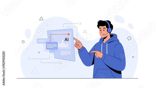 Man with headset interacting with AI interface on screen, data visualization