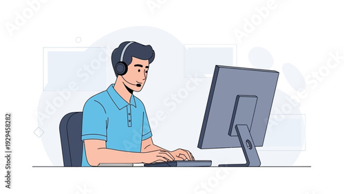 Man with headset working on computer, customer service, remote work illustration