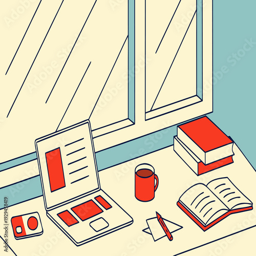 A cluttered desk with a laptop, books, and coffee cup by the window in a minimalist room with a calm atmosphere and soft colors.