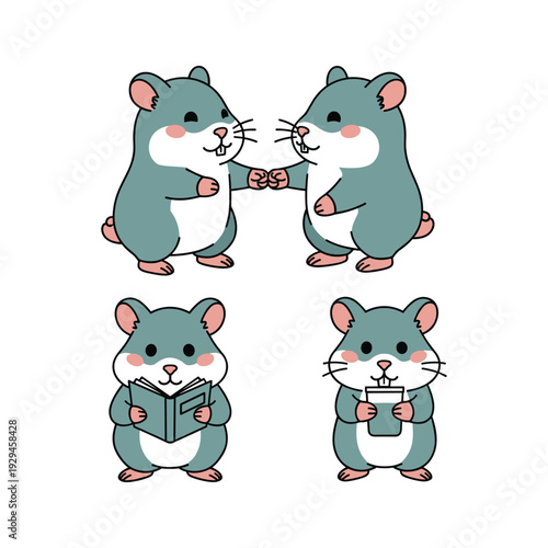 Cute cartoon hamsters reading and interacting with each other in various poses