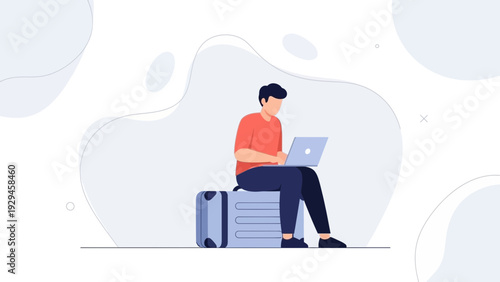 Man with Laptop Sitting on Suitcase, Remote Work, Travel Lifestyle