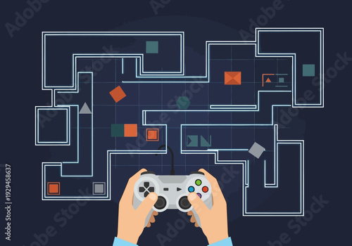 Hands holding video game controller navigating maze map.