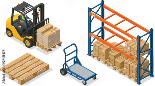 Isometric illustration of warehouse logistics equipment. Forklift, storage shelves, pallets, and hand truck for efficient goods handling and inventory management