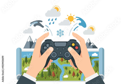 Hands holding video game controller with weather effects.