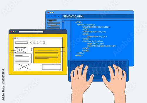 Hands typing on keyboard coding website design on screen.