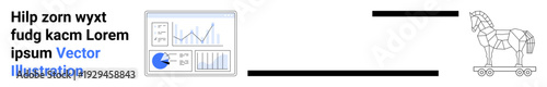 Business analytics dashboard beside low-poly Trojan horse outline highlights cybersecurity. Ideal for analytics, digital risk, cybersecurity, hidden threats, malware awareness, data security