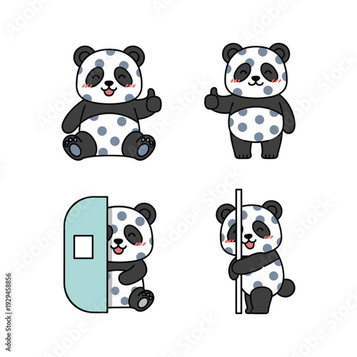 Cute cartoon pandas showing different gestures and actions in a playful style
