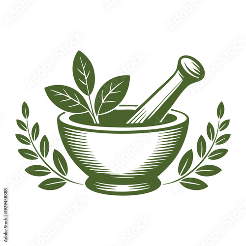 Vintage-style mortar and pestle with herbal elements - natural medicine illustration