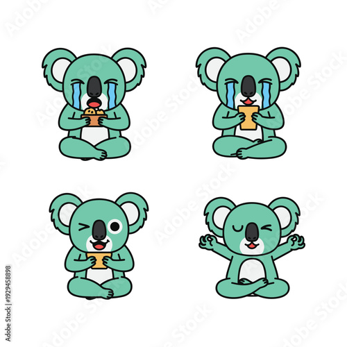 Koala meditating with different emotions, cartoon illustration, white background