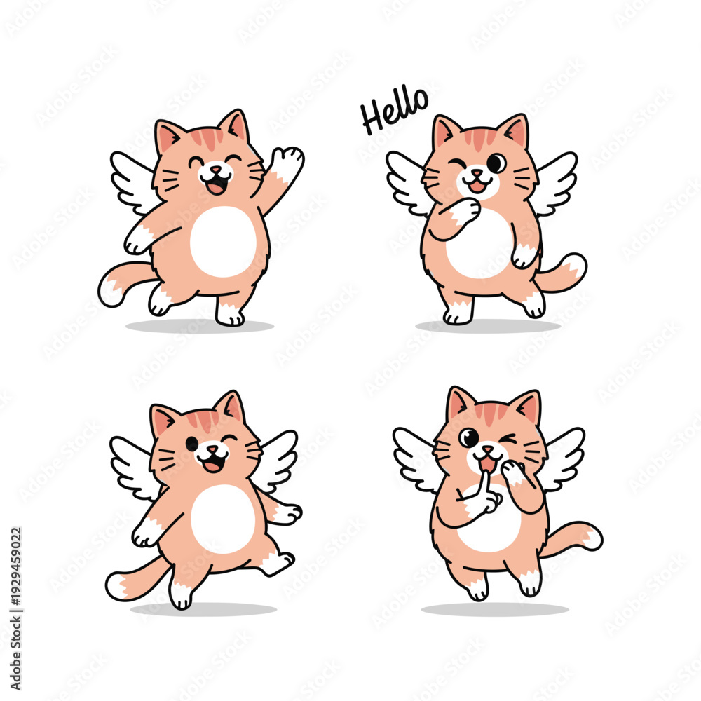 Obraz premium Cute cartoon orange cat with wings in different poses on white background