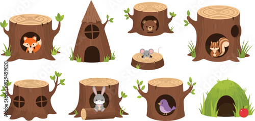 Cute Forest Tree Stump Houses with Woodland Animals Cartoon Flat Vector Illustration Set