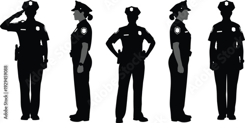Female police officer silhouettes collection, woman police uniform poses set including salute and standing positions, law enforcement figures isolated on white background design