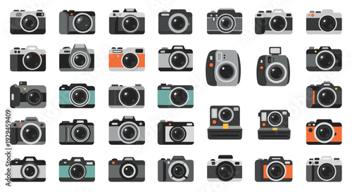 A large and diverse collection of flat design vector icons representing various types of retro and modern cameras.