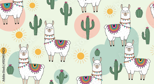 A cheerful seamless pattern of cute cartoon llamas and cacti, set against a background of pastel circles and bright suns.