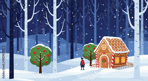 A magical winter night scene with a person standing before an illuminated gingerbread house in a snowy birch forest.