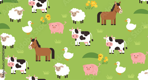 A playful and seamless pattern featuring cute cartoon farm animals like cows, horses, and pigs on a green pasture background.