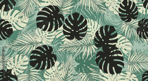 A dense and lush seamless pattern of tropical monstera and palm leaves in various shades of green and black silhouettes.