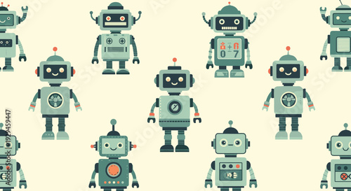 A charming seamless pattern of cute, friendly cartoon robots with various expressions in a retro color palette.
