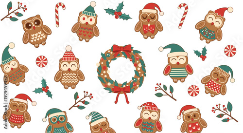 A festive Christmas collection of cute gingerbread owl cookies, a wreath, candy canes, and holly isolated on white.