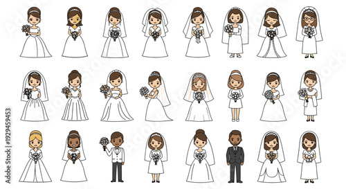 A large and diverse collection of cute cartoon characters for weddings, including various brides, grooms, and couples.