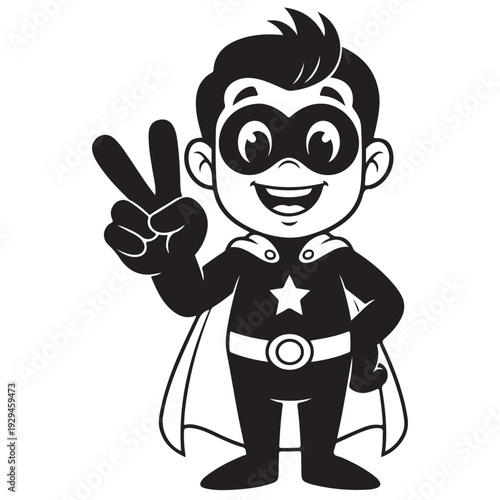 Happy Superhero Character Making Peace Sign Black and White Illustration