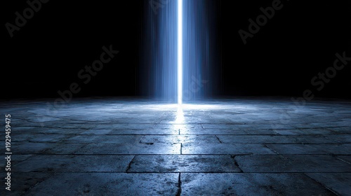 Abstract Blue Light Beam Shining on Textured Surface in Dark Room Creating Ethereal Glow and Mystery