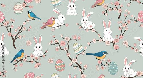 A lovely seamless Easter pattern with cute bunnies and birds on cherry blossom branches, with decorated eggs as accents.