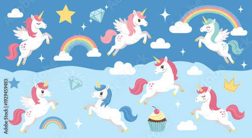 A magical seamless pattern of cute unicorns and pegasus flying through a blue sky with rainbows, clouds, and stars.