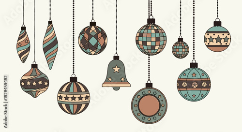 A set of beautifully illustrated, hanging Christmas ornaments in a retro style with muted, vintage-inspired colors.
