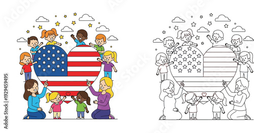 Diverse Children and Teachers Celebrating USA Patriotism with Heart-Shaped Flag