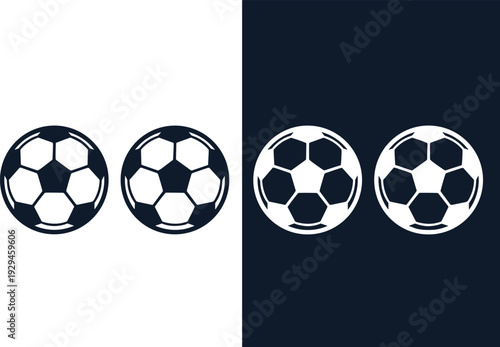 Black and white vector illustration of soccer balls with inverted colors, sports equipment design for football game, competition, training, leisure activity themes