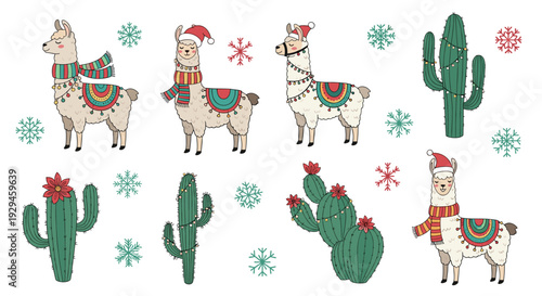 Festive Christmas collection featuring cute cartoon llamas in Santa hats and scarves alongside cacti decorated with holiday lights.