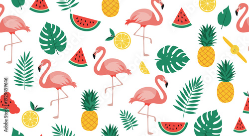 Vibrant seamless summer pattern featuring pink flamingos, pineapples, watermelon slices, and tropical monstera leaves.