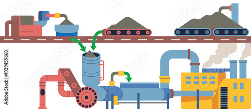 Industrial Pipeline Icon complex system with valves and machinery, manufacturing facility equipment, factory process illustration
