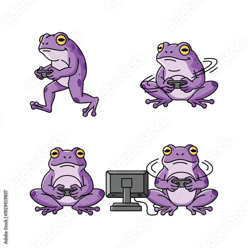 Purple cartoon frogs playing video games on computer with copy space