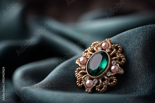 Vintage antique brooch on velvet fabric with moody lighting, rich textures, elegant heritage jewelry concept