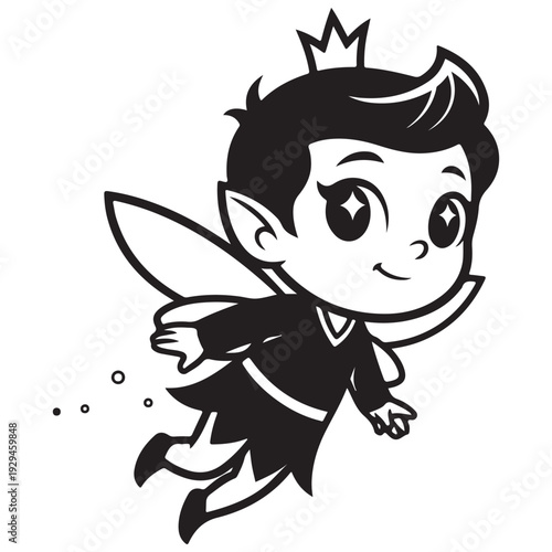 Cute Cartoon Flying Fairy Boy with Crown, Black and White Illustration