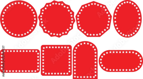 Collection of red color, different shapes with a border of white stars for business promotion labels and stickers. Different shape frames.
