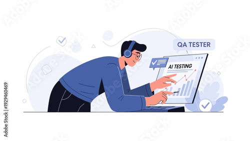 QA Tester Analyzing AI Testing Data on Laptop Screen with Charts
