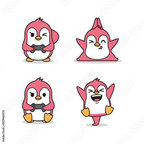 Cartoon penguin characters showing emotions on white background with copy space