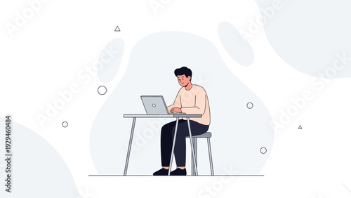 Man Working on Laptop at Desk, Remote Work, Freelancer, Office, Minimalist Illustration