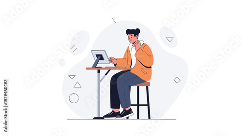 Man working on laptop at minimalist desk, modern flat illustration, remote work concept